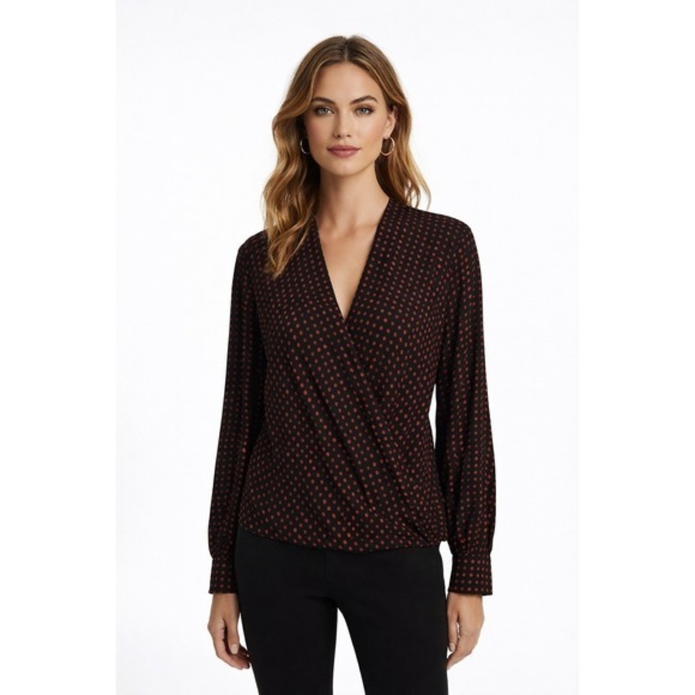 Diane Von Furstenberg Dot Print Silk‎ Drape Front Blouse Size 10